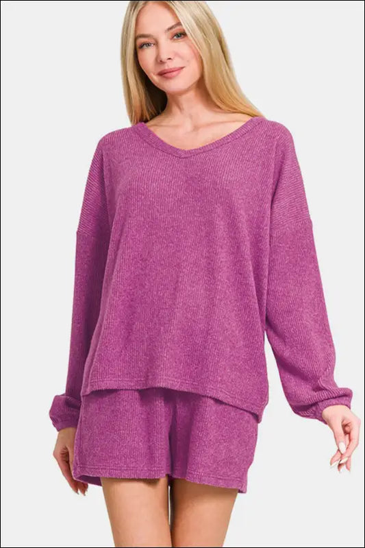 Zenana V-Neck Long Sleeve Ribbed Top and Shorts Set - Red-Violet / S