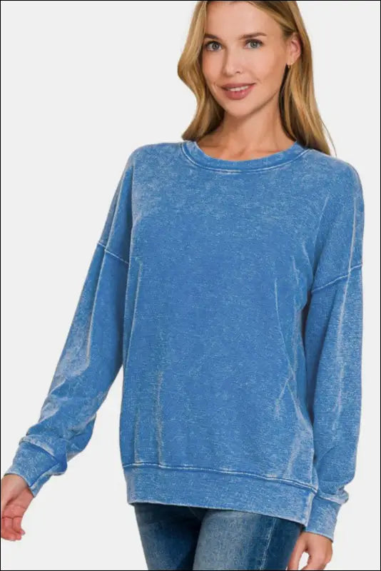 Zenana Washed Round Neck Dropped Shoulder Sweatshirt - Blue / S