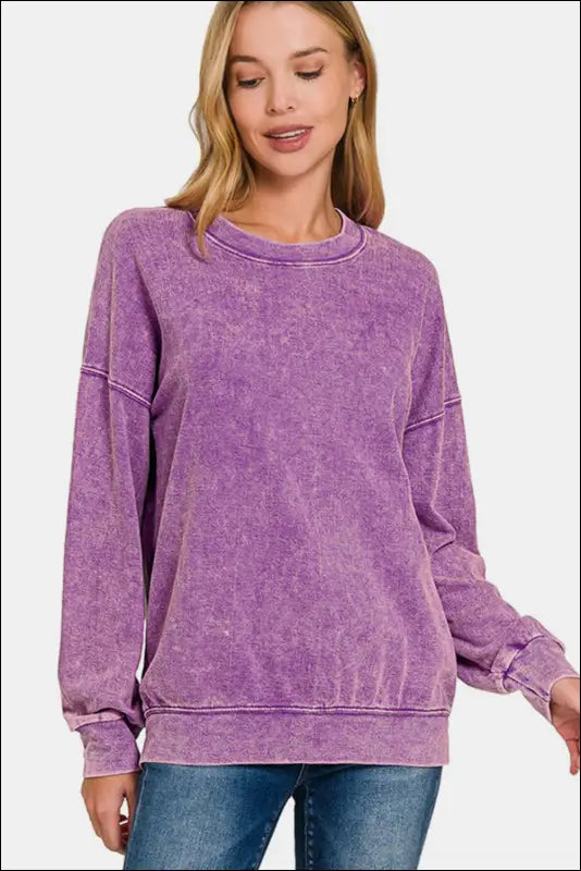 Zenana Washed Round Neck Dropped Shoulder Sweatshirt - Violet / S