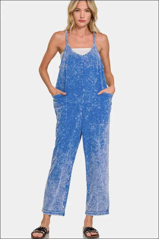 Zenana Washed Spaghetti Straps Overalls with Pockets - Classic Blue / S/M