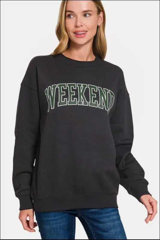 Zenana WEEKEND Round Neck Dropped Shoulder Sweatshirt - Black / S - Brushed Hacci Drop Cropped Hoodie